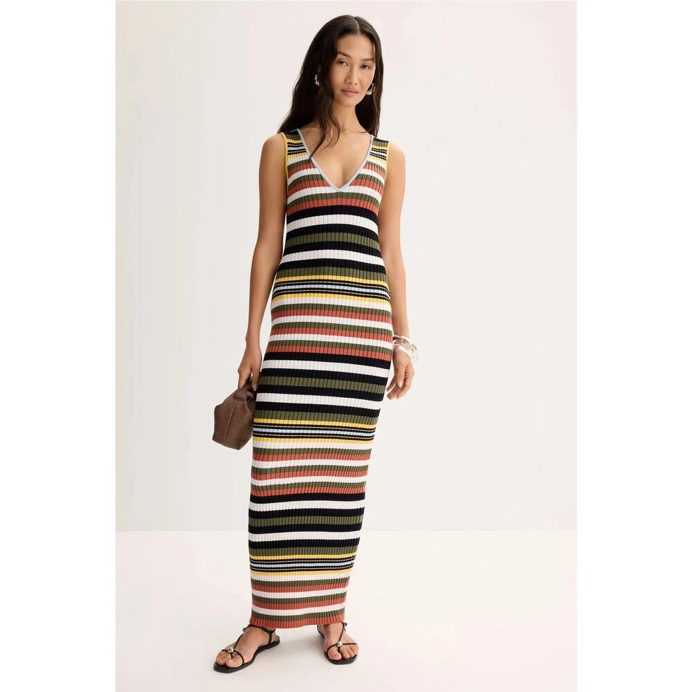 Toccin Bowie Dress Striped Rib Knit Sleeveless V-Neck Maxi Bodycon Multicolor M